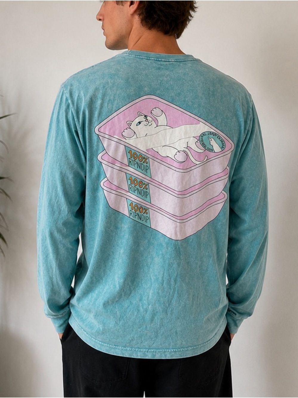 RIPNDIP Lord Nermal Mineral Wash Long Sleeve Graphic Tee Men Small Blue Funny